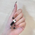Накладные ногти для французского гроба, длинные черные маленькие цветочные точки, декоративные бабочки на кончиках ногтей, готовые патчи для дизайна ногтей с клеем