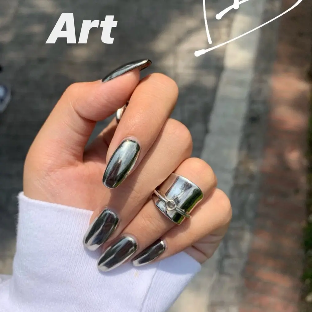 

24pcs Reflective Mirror Light Soft Metal Plating False French Punk Acrylic Nail Tips Full cover Artificial Nail with glue