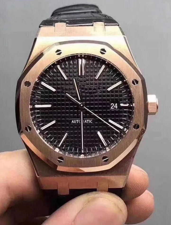 

Classic New Rose Gold Black Leather Automatic Mechanical Men Watch Stainless Steel Sport Watches Sapphire Glass Back AAA+