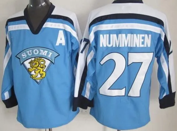 

Finland Suomi 27 Teppo Numminen 8 TEEMU SELANNE MEN'S Hockey Jersey Embroidery Stitched Customize any number and name