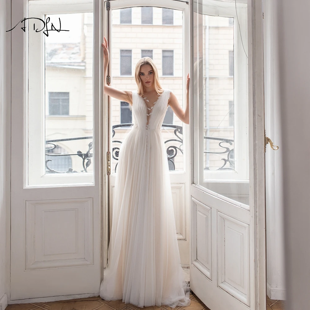 

Romantic Lace Wedding Dresses Scoop A Line High Slit Wedding Gown Appliques Sweep Train Bride Dress 2021