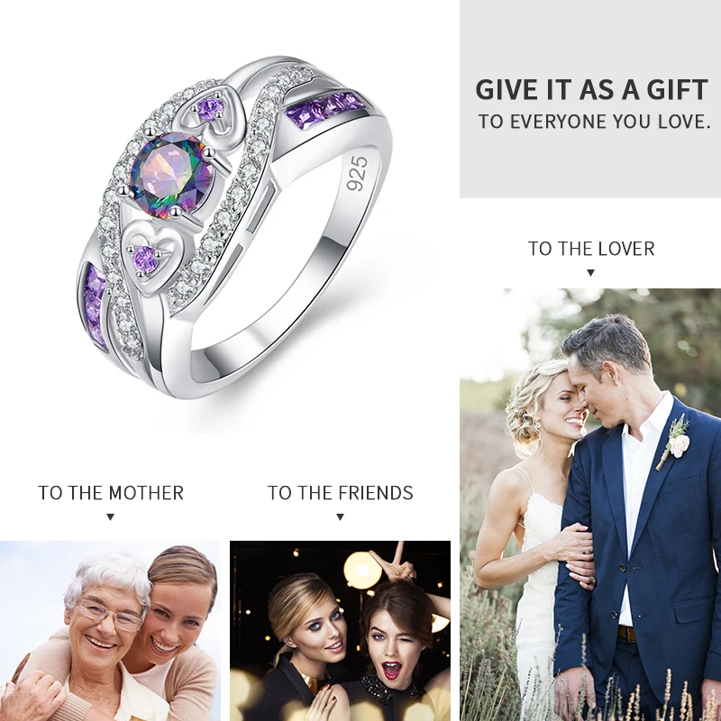 Свадебное модное кольцо JROSE с круглым Мистик Радуга белый и фиолетовый