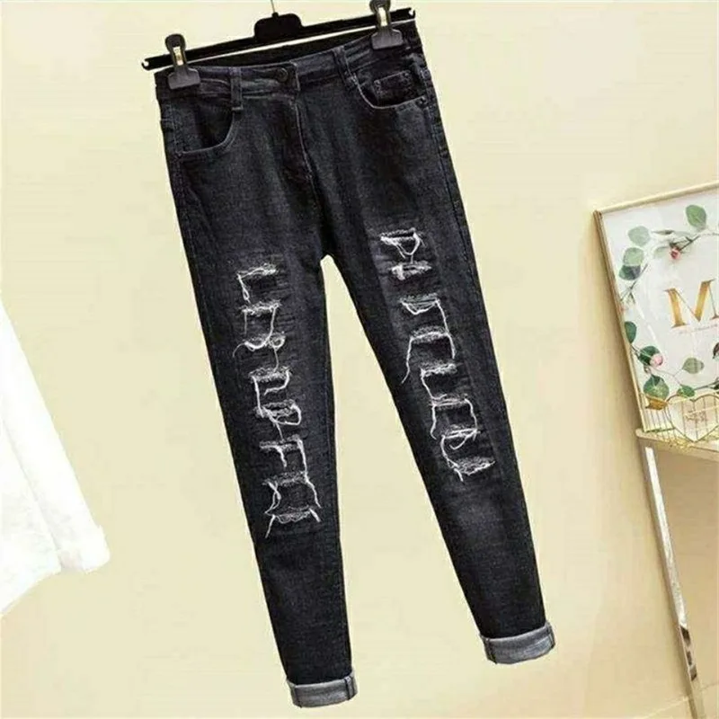 Women's Jeans 2020 Ripped Female Jeans Korean Button Hole Ms. Denim High Waist Loose Casual Pencil Pants