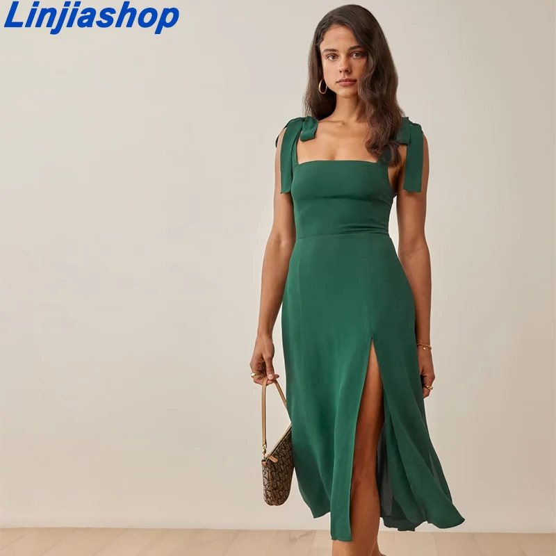 

Za Dress Woman 2021 French Style Solid Color Women Dress Adjust Tie Bow Strap Sleeveless Midi Dress Sexy Beach Women