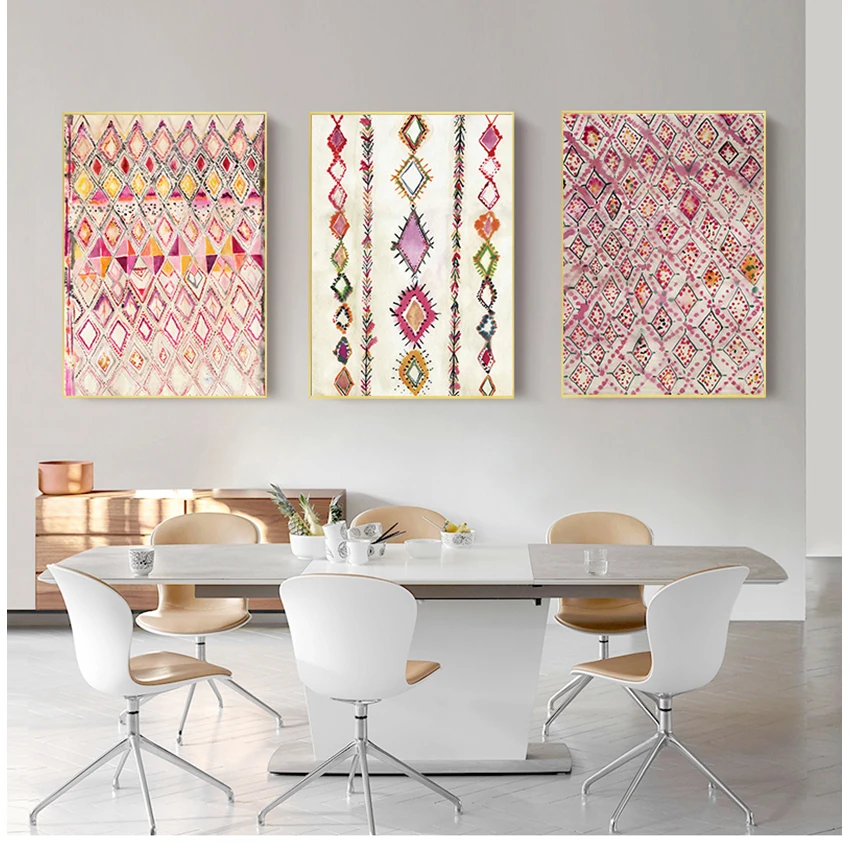 

Canvas Painting Pictures Wall Decoration Moroccan Rug Pink Posters and Prints Eclectic Home Decor , Bohemian Art Watercolor