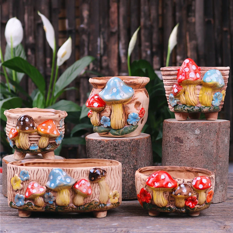 

Корейский цветочный горшок с тиснением в виде грибов из керамики, суккулентов, креативное растение в горшке, художественное украшение для д...
