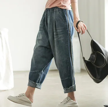 Осенние джинсы женские большие размеры свободные 2019 Новый женский эластичный