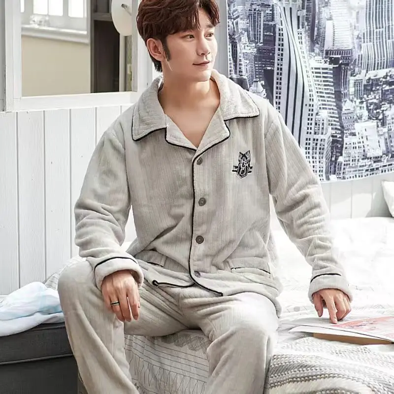 2 Pieces Winter Man Thicken Warm Soft Pajamas Female Flannel Pajamas Set Mujer Long Sleeve Sleepwear for Man Male Pyjamas