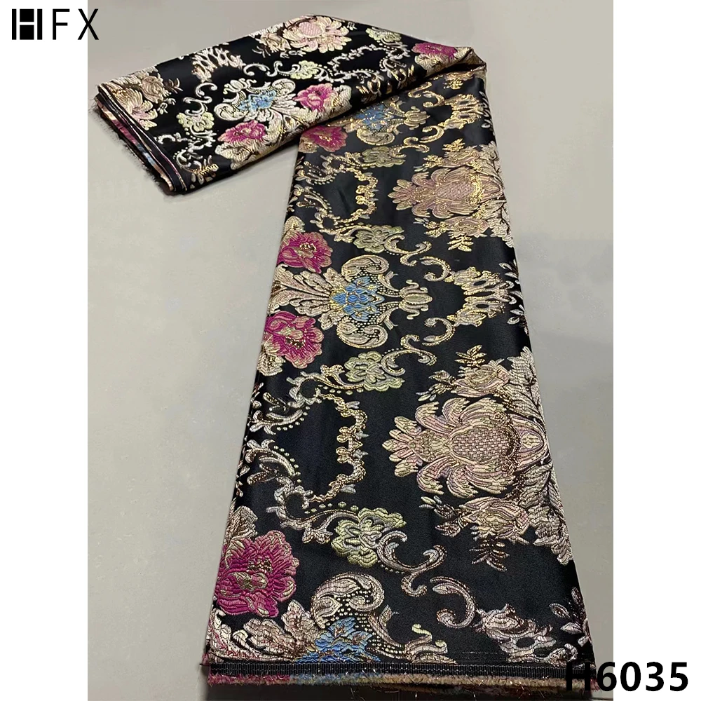 

HFX африканская жаккардовая кружевная ткань 2021 5 ярдов Печать Высокое качество нигерийская парча позолота кружева для свадебного платья Diy Sew...