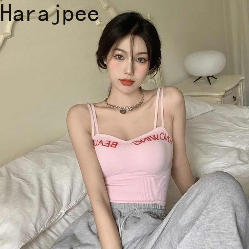 

Harajpee Women Camisole Printing Underwear Vest Hot Girl Korean Stylish All-match Tank Top Knitted Bottoming Inside Single Wear