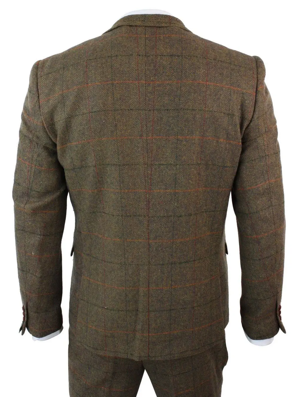 Мужской коричневый клетчатый костюм из 3 предметов с узором в елочку приталенный