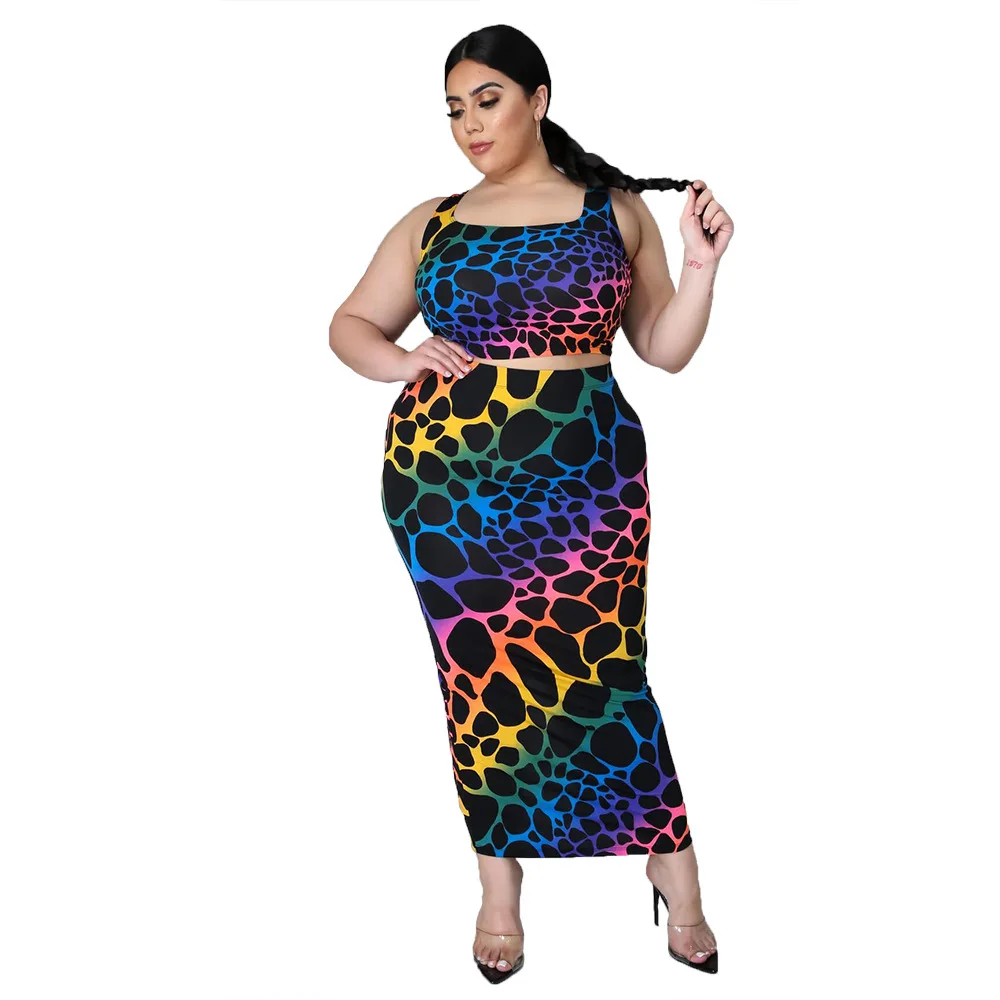 

SSEURAT Print Plus Size Midi Maxi Skirts Set for Women Streetwear Tank Tops Matching Two 2 Piece Set Outfits 2021