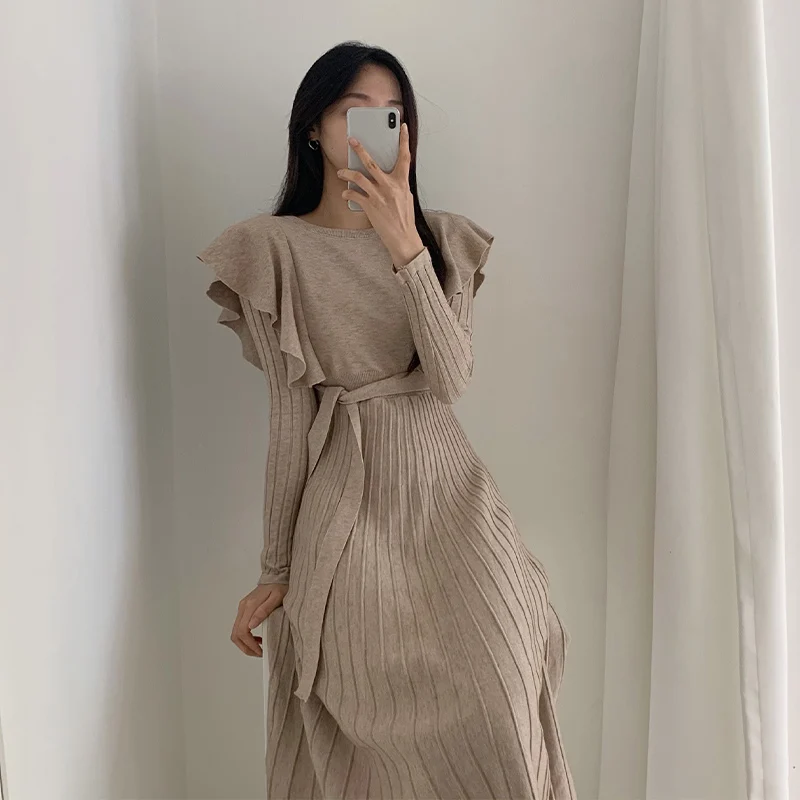 

Women's Ruffle Knitted Midi Dress With Belt Slim Pleated O-Neck Long Sleeve Female Dresses 2020 Autumn Winter Ladies Vestidos