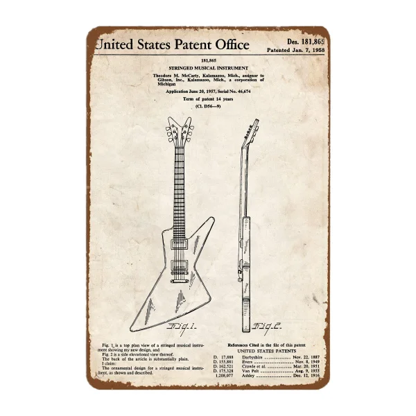 

Explorer Guitar 1958 Print Wall Art Poster Blueprint Gifts Music Room Decor Vintage Tin Metal Sign Bar Club Cafe Garage
