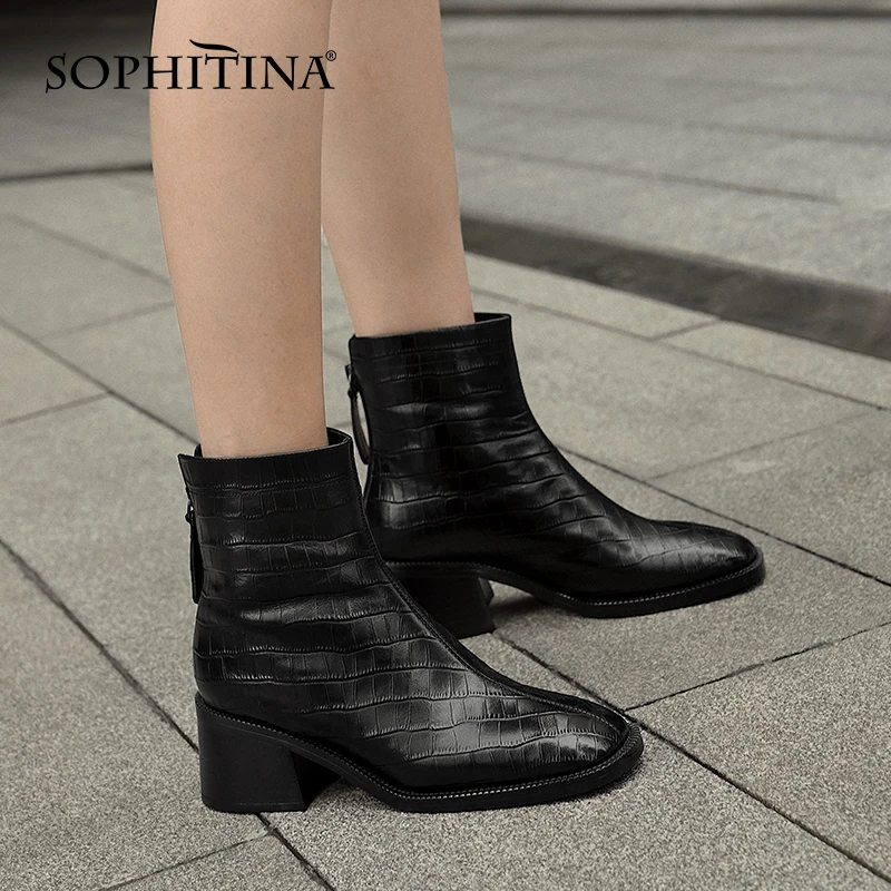 

SOPHITINA Women Boots New Crocodile Pattern Genuine Leather Zipper Shoes Square Toe High Heel Casual Female Ankle Shoes SO738