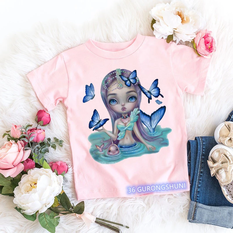 

Kawaii girls t-shirt funny butterfly, dancing girl graphic print girl clothes summer tees aesthetic girls tshirt white pink tops