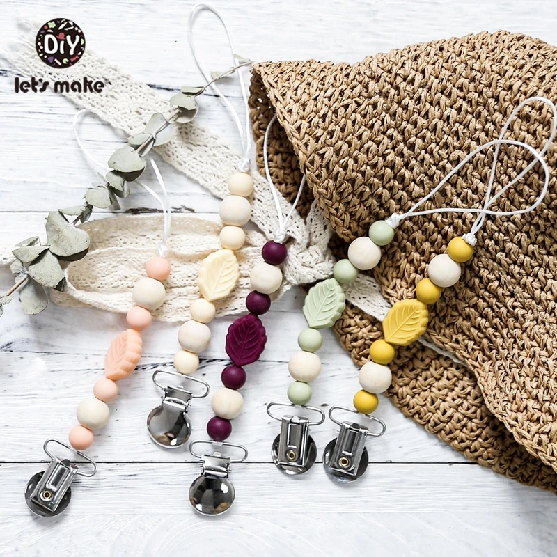 

Let's Make 1pc Braid Engraved Pacifier Clip Wooden Toys For Kids BPA Free Pearls Teething Silicone Teether Pacifier Holder