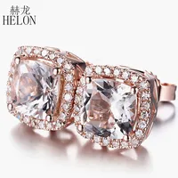 HELON Solid 14K Rose Gold 6mm Cushion Genuine Morganite diamonds Stud Earrings Women Aquamarine Birthday Gift Fine Jewelry