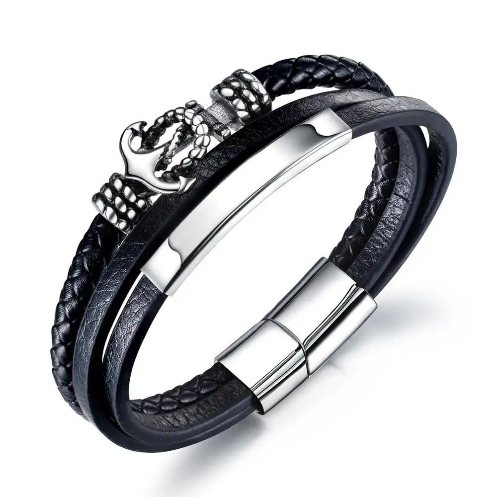 

Magnetic Charm Stainless Steel Black Genuine Leather Anchor Bracelet For Men Bangles Rope Multilayer Christmas Gift