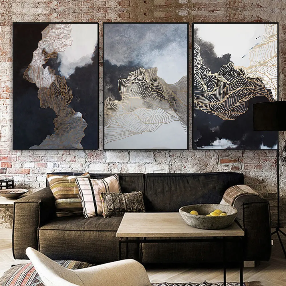 Абстрактная живопись настенный постер с металлическими линиями и черным облаком