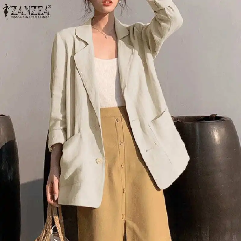 

Casual Loose Elegant Outwear Womens Autumn Blazer OL 2021 Fashion Cotton Linen Coat ZANZEA Solid Long Sleeve Cardigans Siz
