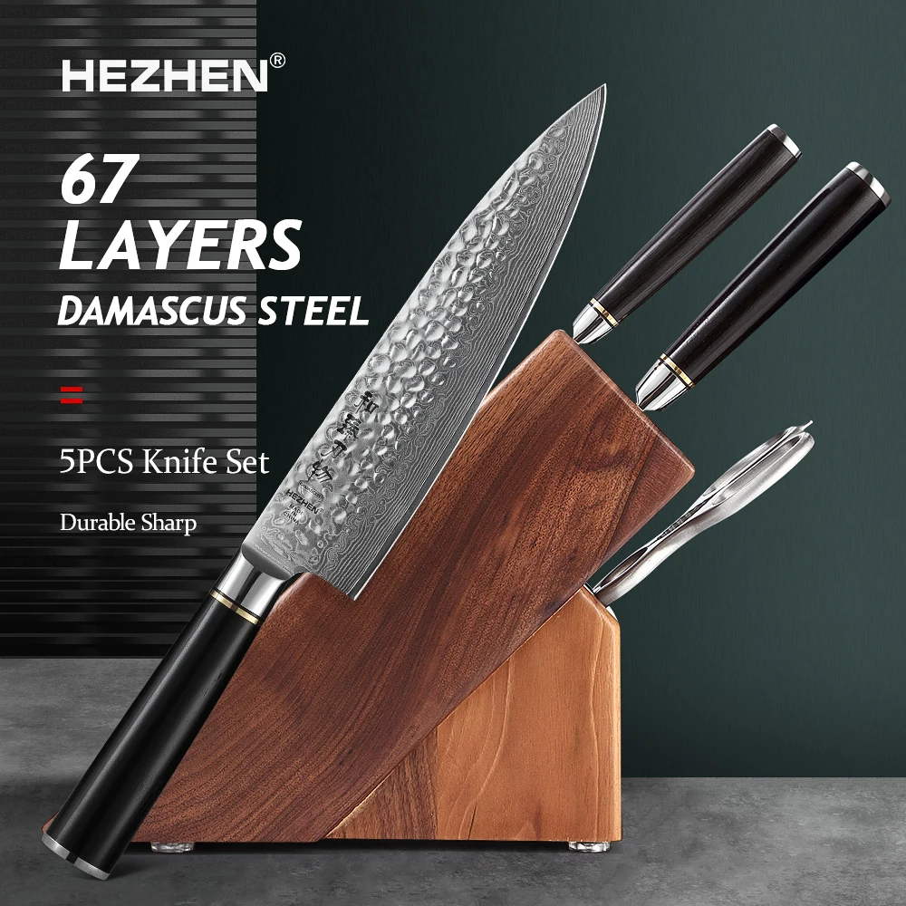 

HEZHEN 5PC Kitchen Knife Set Vacuum & Deep Freezer Heat Treatment 67 Layers Powder Damascus Steel Walnut Shears Wooden Holder