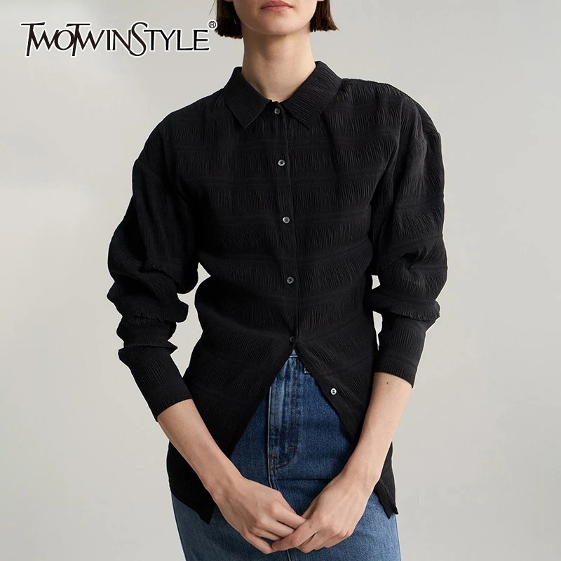 TWOTWINSTYLE корейские полосатые женские рубашки воротник с лацканами длинный рукав