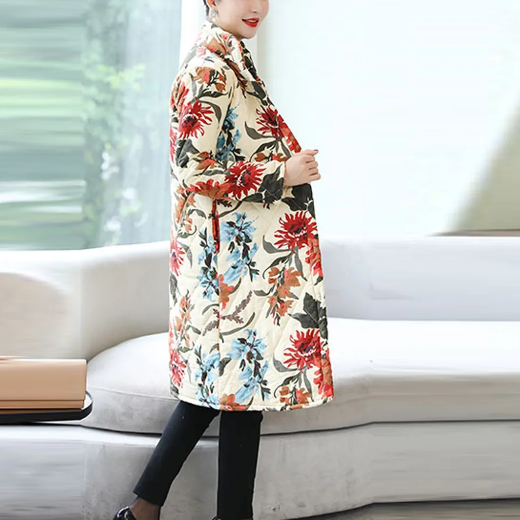Новинка, зимняя женская куртка, плюс размер, 5xl, вельветовое пальто, женское, винтажное, с цветочным принтом, хлопок и лен, толстая, теплая, длинная парка#3