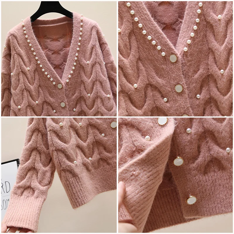 

Sweet Beaded V-neck Knitted Cardigan Women's Spring 2021 New Fashion All-match Knitted Outer Wear Sweater