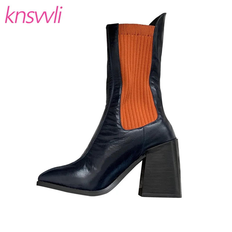 Knsvvli/вязаные растягивающиеся сапоги на не сужающемся книзу высоком массивном