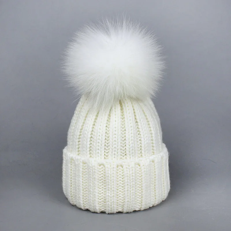 White-Hat Осень-зима, детский, взрослый, леди, помпон из лисьего меха, женская вязаная шапка, шапка, шарф, набор, детский, Soild, вязаный крючком, большой помпон, шапки, s - Цвет: White-Hat