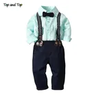 Топ и топ, Модный комплект одежды для мальчиков, рубашка в полоску с длинными рукавами и галстуком-бабочкой + штаны на подтяжках детский деловой костюм для мальчиков