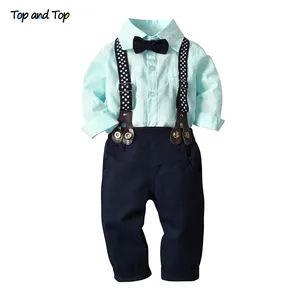 Топ и топ, Модный комплект одежды для мальчиков, рубашка в полоску с длинными рукавами и галстуком-бабочкой + штаны на подтяжках детский деловой костюм для мальчиков