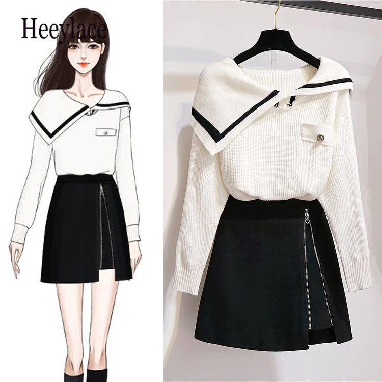 

Patchwork Knitting two piece set Women's Sweater Irregular Collar Long Sleeve Pullover Tops and Zipper Split A-line Skirts Suits