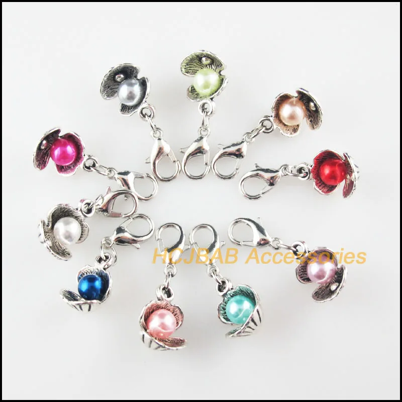 

20Pcs Tibetan Silver Plated Shell Conch Frame Mixed Acrylic Charms Pendants With Lobster Claw Clasps 10.5x14mm