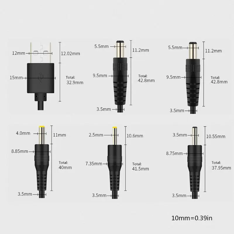 Кабель USB/DC для зарядки разъемы DC: 5 5 x 2 1 3 5 x 1 35 4 0 x 1 7 2 5 x 0 7 мм |