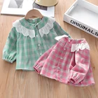 Блузки для девочек, одежда для малышей, весенние кружевные рубашки для малышей, футболки в клетку топы, От 1 до 4 лет хлопковая рубашка для детей