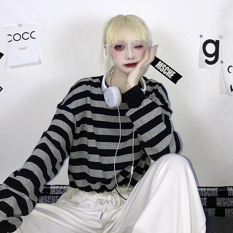 

Футболка Y2k Женская с длинным рукавом, Готическая рубашка в черно-серую полоску, с круглым вырезом, модная одежда в Корейском стиле, осень