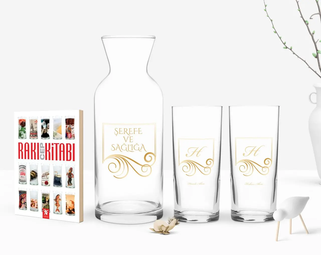 

Персонализированные Цветные принты с надписью название дизайн двойной Arrack чашки графин и карманная книжка подарок Seti-2