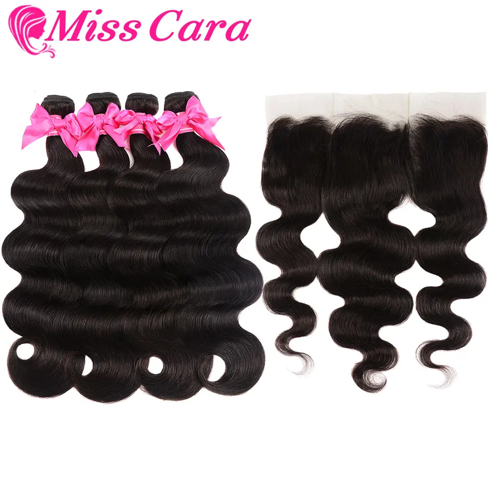 Бразильские волнистые пучки с фронтальной 100% Реми человеческие волосы 3/4 Miss Cara 13X4