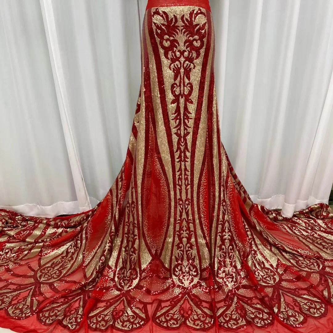 Red African Sequins Tulle Lace Fabric 2021 High Quality Lace French Mesh Nigerian Lace Fabric For Wedding Dress AJ4708