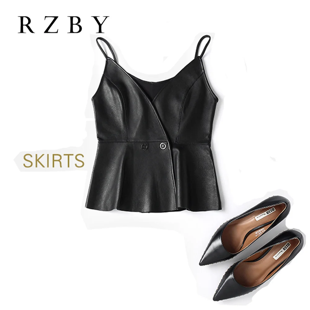 Women Solid Black Natural Real Sheepskin Sleeveless Fashion Vest Genuine Leather Waistcoats Tops Ruffles Short Outwear RZBY331