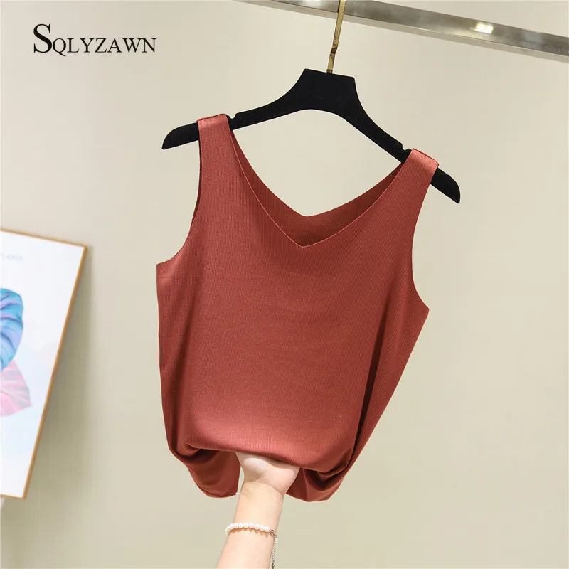 Женский трикотажный жилет с v-образным вырезом однотонная хлопковая майка