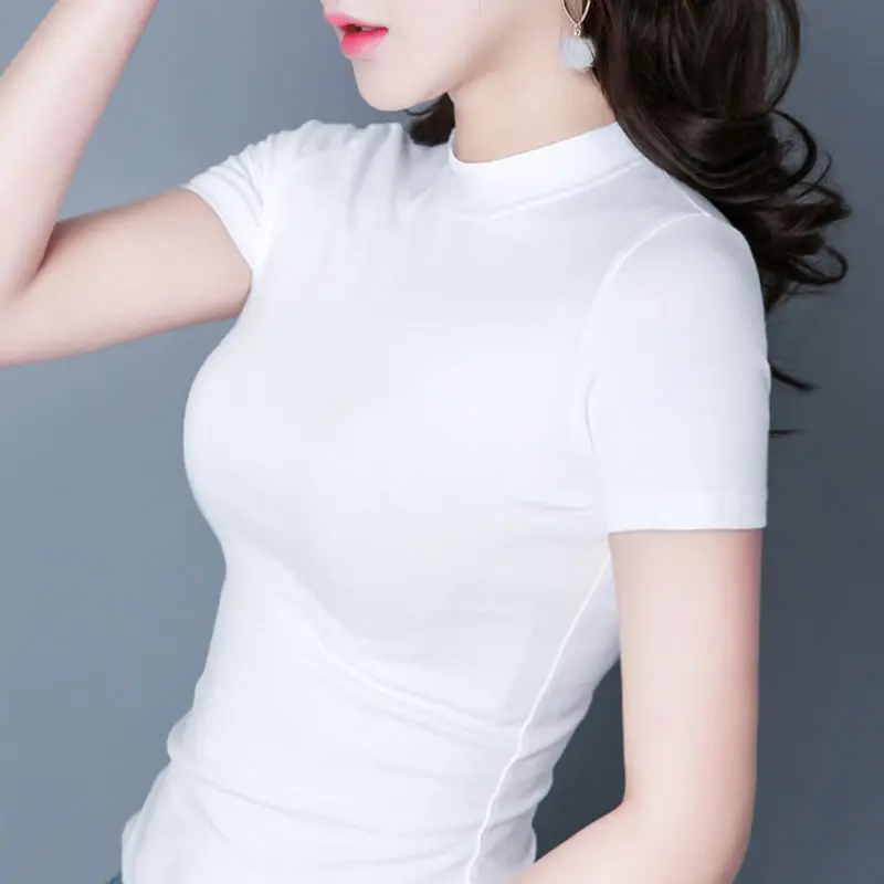Футболка женская с высоким воротом облегающий белый топ коротким рукавом