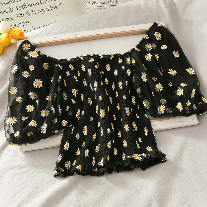 

super sweet fairy small chrysanthemum word shoulder hubble-bubble sleeve short shirt Venus yarn splicing drape jacket