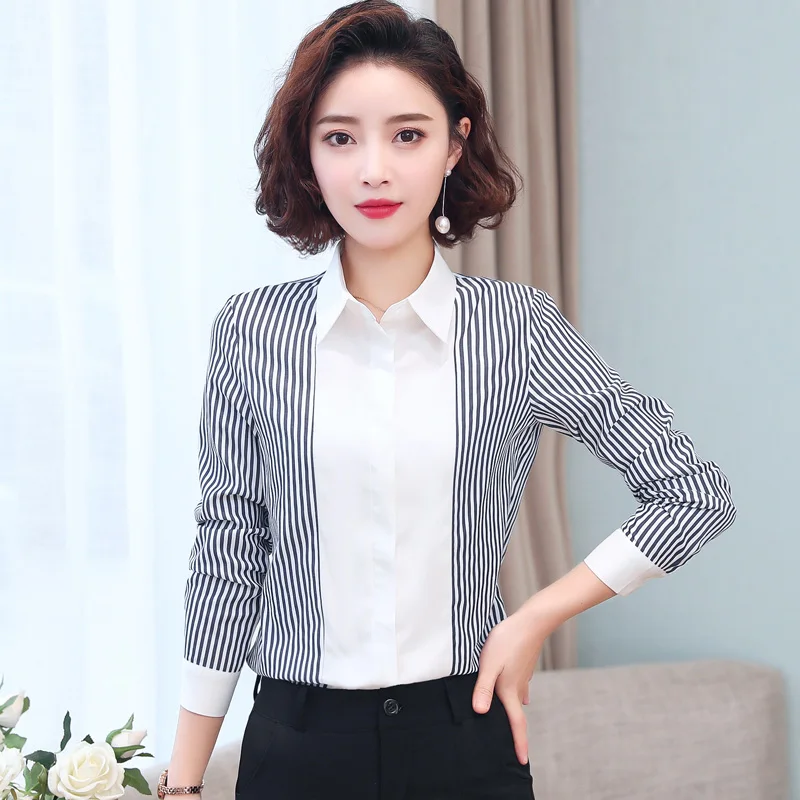 Female Spring And Autumn New Striped Shirt Feminine Fashion Korean Color Contrast Stitching With Long Sleeve Bottomed Top Lady