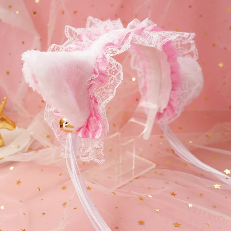 Powder white Японская девушка кружева колокольчики кошачьи уши повязка Лолита горничной наголовный обруч кошачьи уши головной убор обруч ручной работы - Цвет: Powder white
