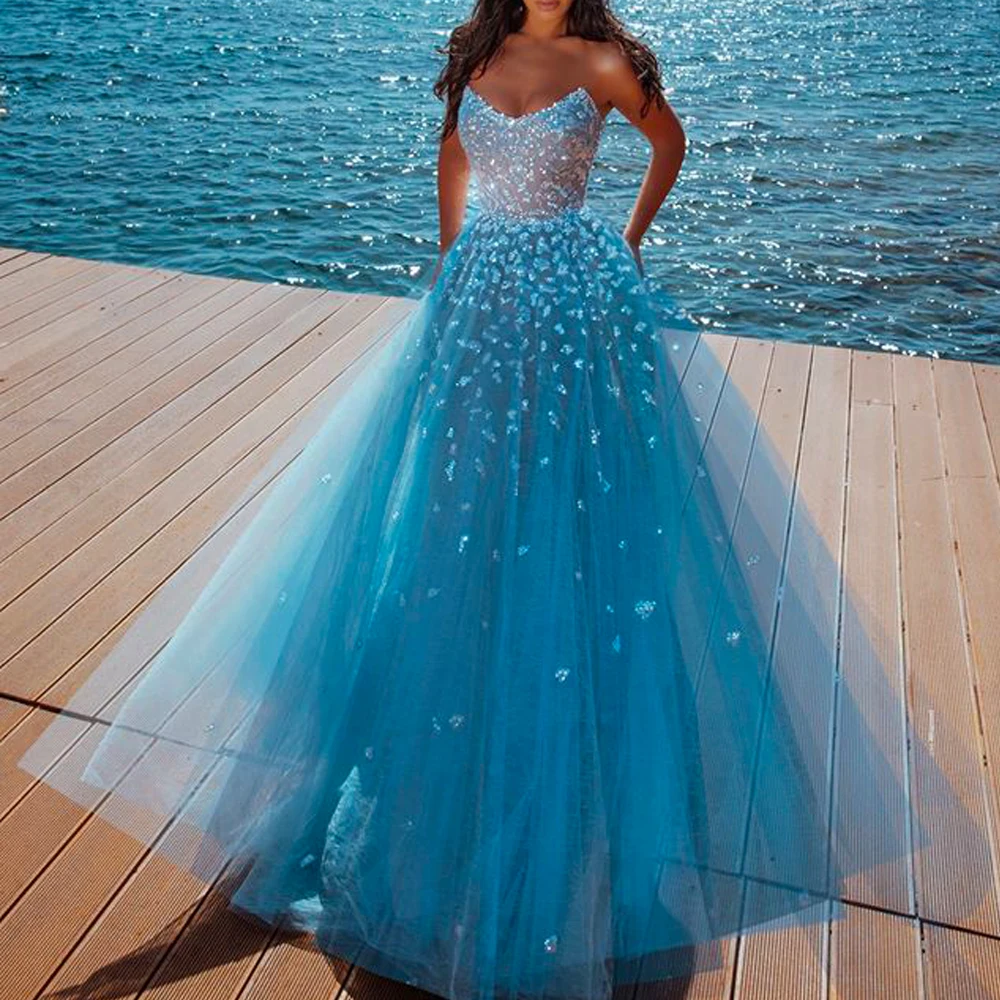 Синие платья для выпускного вечера 2020 блестящие вечерние трапеции из тюля с