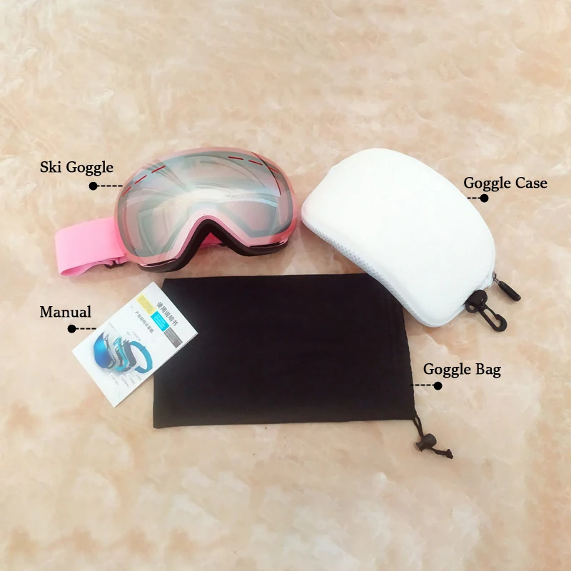Лыжные двухслойные розовые женские лыжные очки без оправы противотуманные