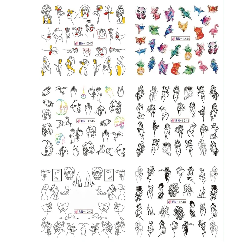 12 изображений/лист черная линия Красочные абстрактные изображения наклейки для